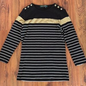 Lauren Ralph Lauren nautical black white gold knit top size PXS